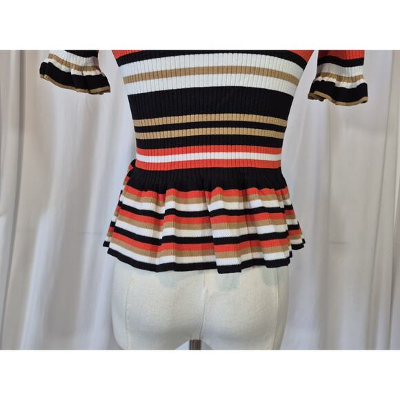 Cinq à Sept Colorful Striped Ribbed Short Sleeve Peplum Top XS - Picture 9 of 10